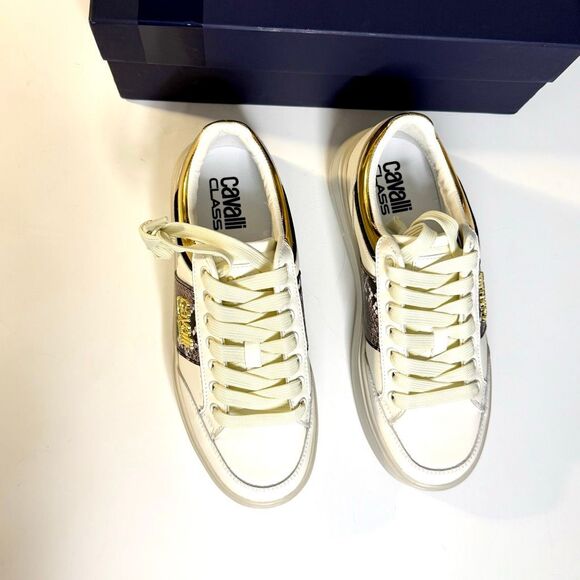 NWT Roberto Cavalli “Cavalli Class” logo hardware white low top sneaker Size 39 - Picture 8 of 16